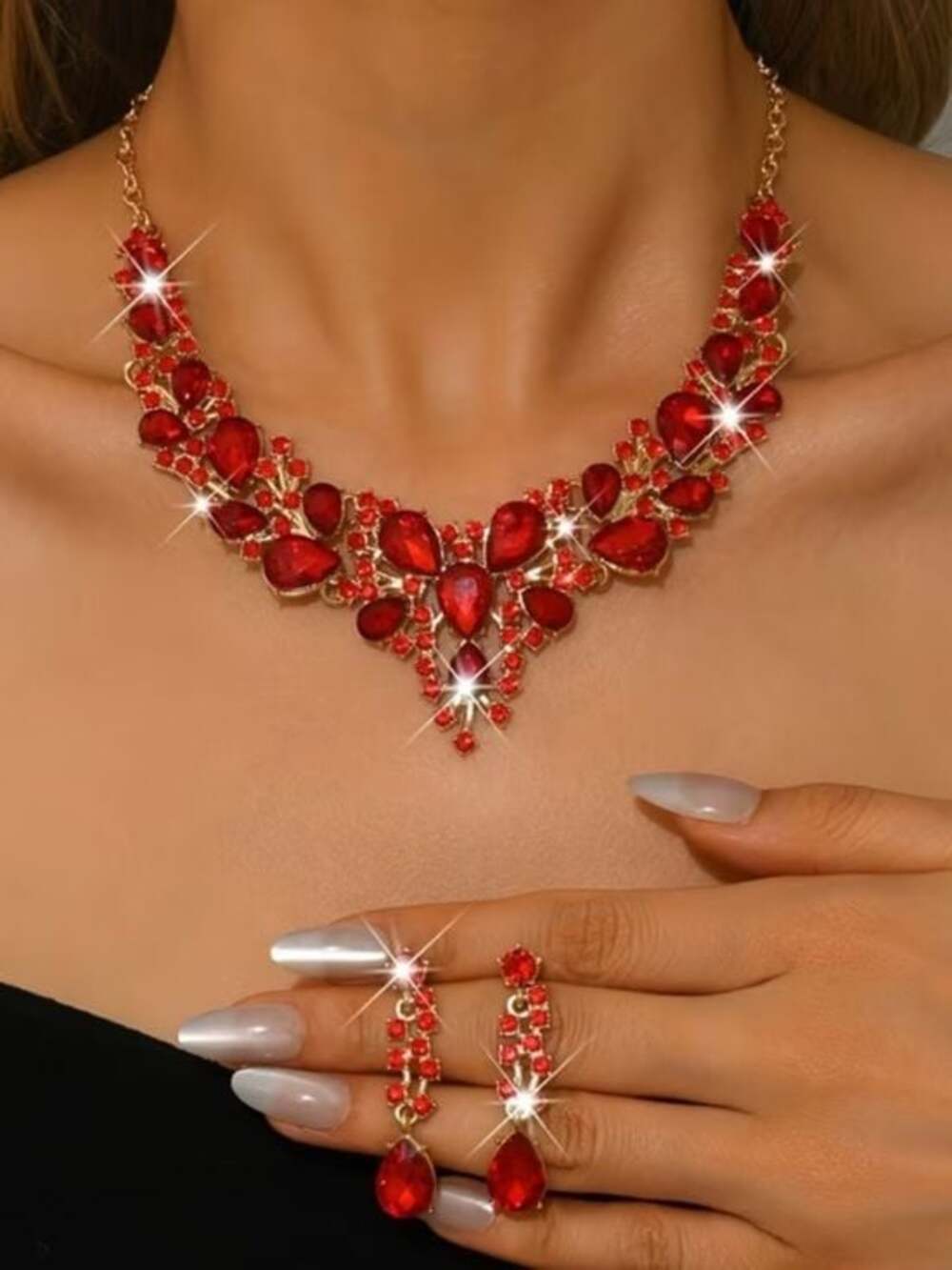 Gold-Tone Red Crystal Statement Necklace with Matching Earrings - Picture 4 of 4